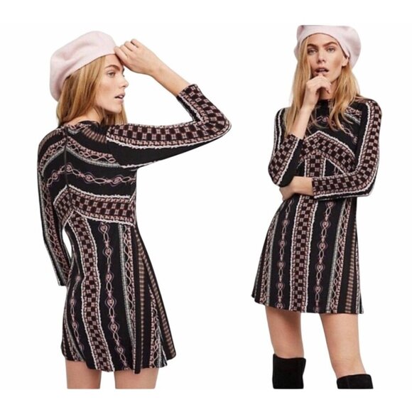Free People Stella Mini Dress Boho Chic Long Sleeve Geometric Print Medium - Picture 1 of 14
